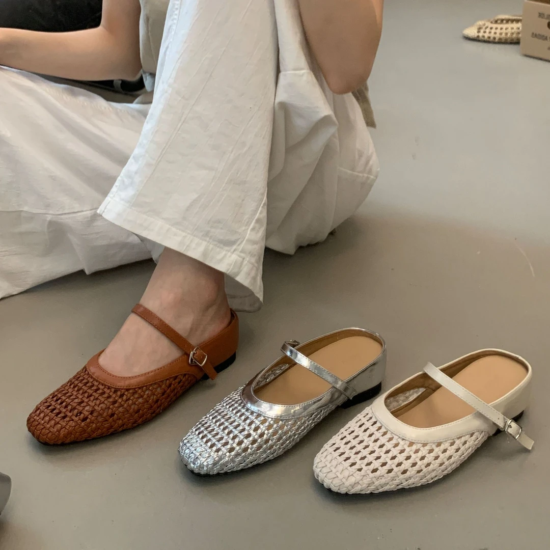 小个子内增高凉拖鞋包头拖女夏外穿2025复古透气镂空编织玛丽珍鞋