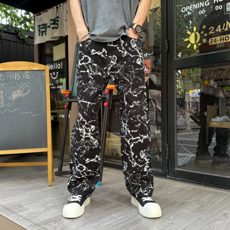 美式提花满印黑色牛仔裤潮牌百搭秋冬休闲秋冬黑色宽松直筒牛仔裤