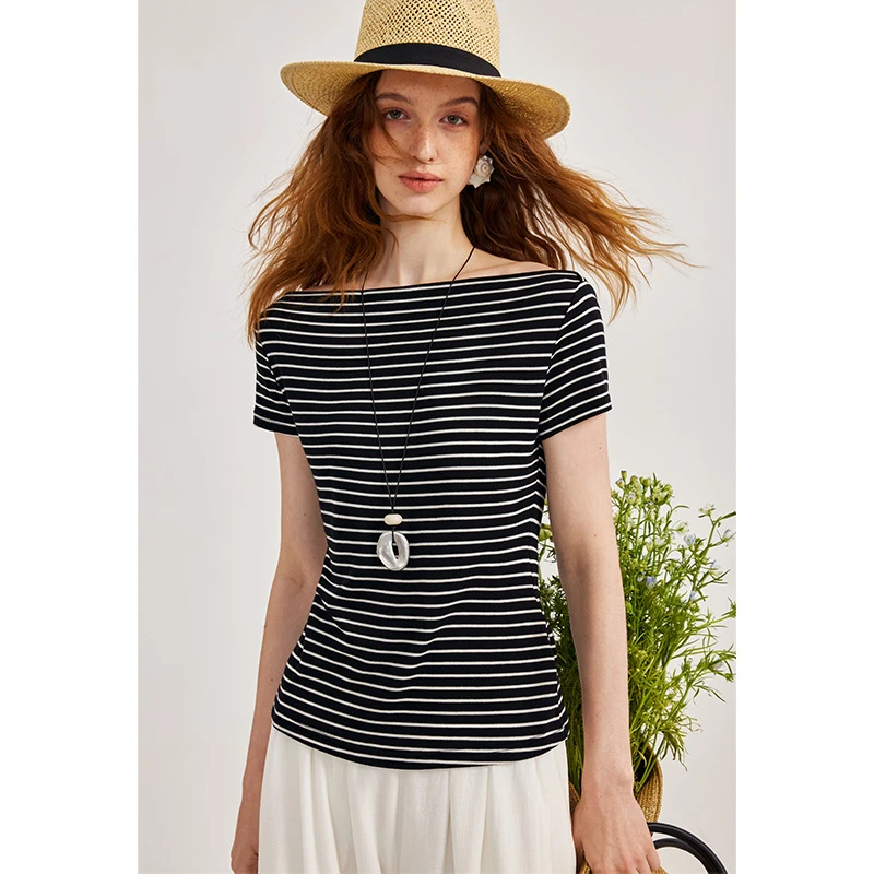 AEL原创打底一字领百搭黑色条纹T恤女夏短袖露肩上衣日本AS5BT315