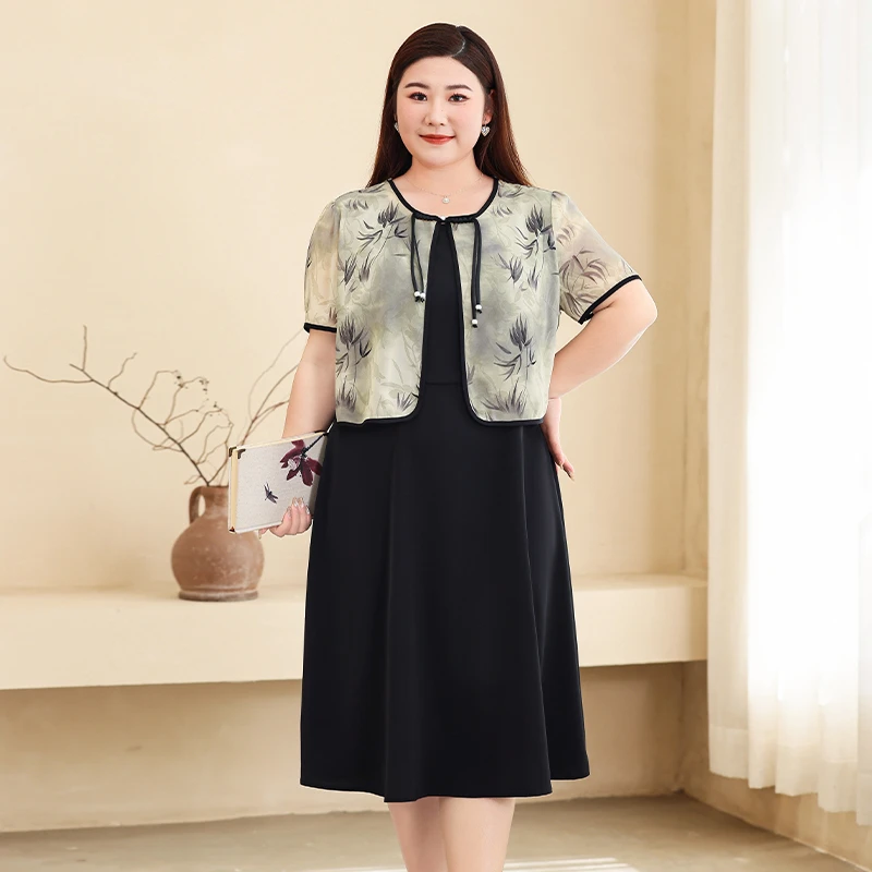 阔太太大码女装时尚夏装新中式国风连衣裙胖mm雪纺假两件裙子