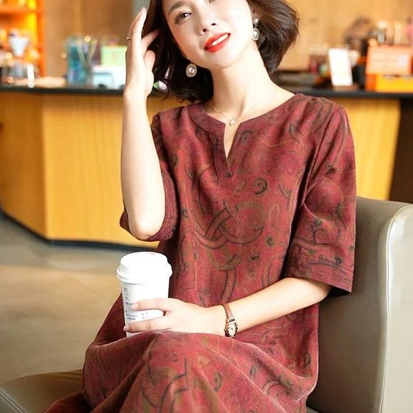 香云纱桑蚕丝洋装2025夏新款中老年宽松杭州丝绸气质长版妈妈裙