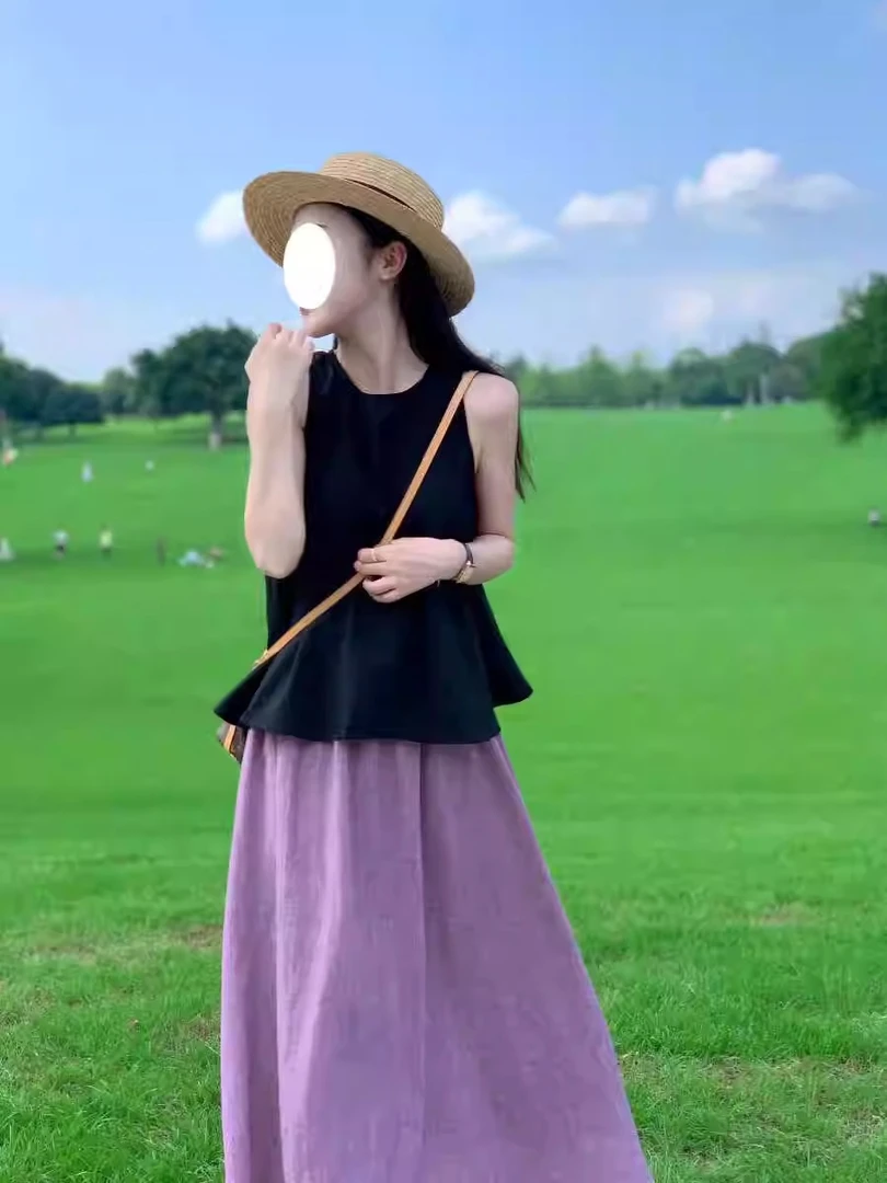 文艺复古套装女夏款新款宽松显瘦无袖上衣半身裙两件套高级感洋气