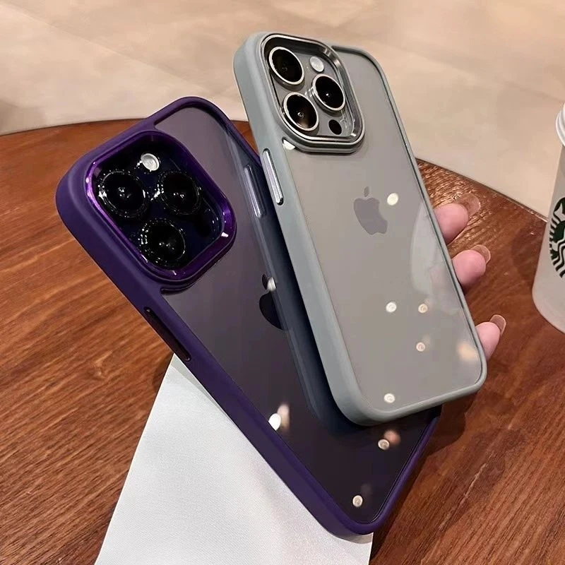 简约透明适用苹果16Pro手机壳金属漆镜框iPhone15/14大孔防摔13