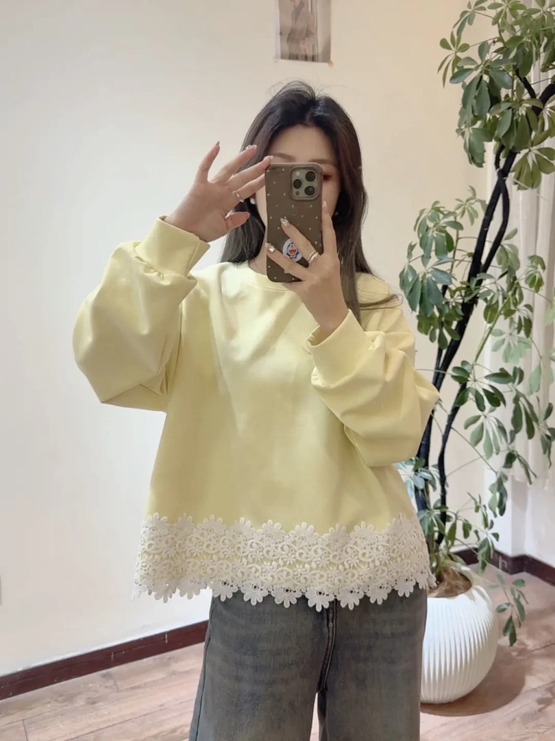 卫衣拼接花边蕾丝宽松大版卫衣百搭圆领长袖