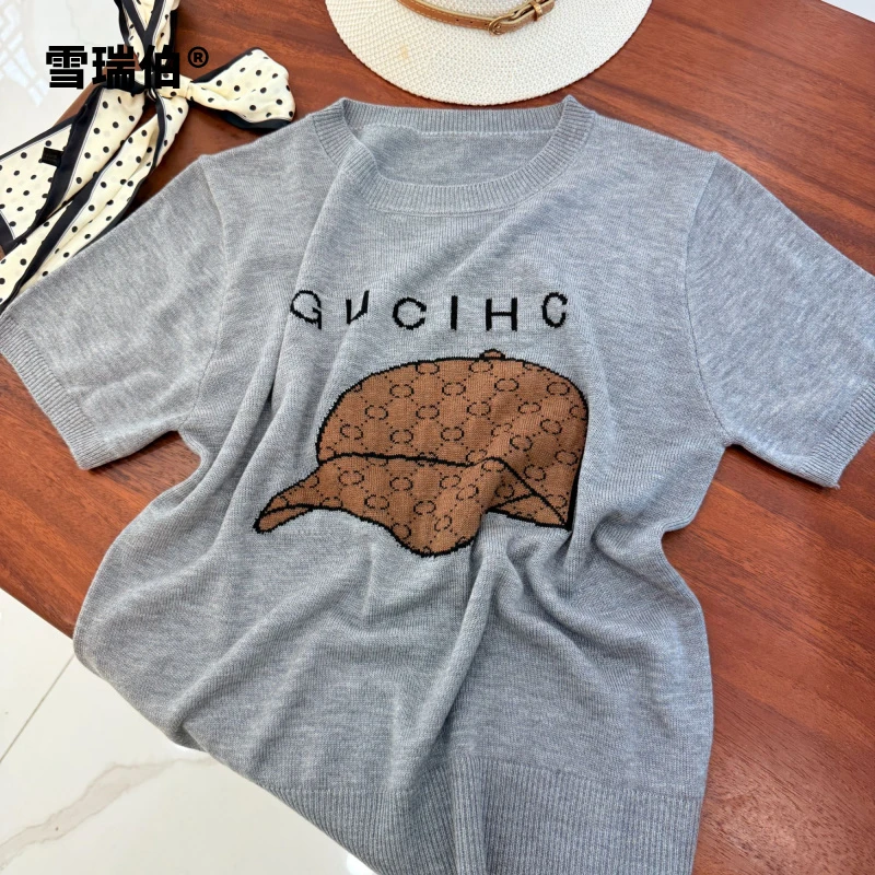 【超细桑蚕丝】棒球帽薄春夏黑灰针织衫圆领女装打底衫T恤短袖721