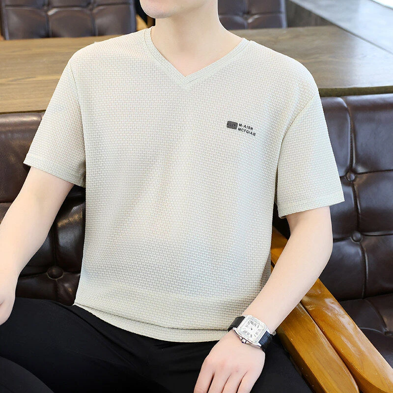 蛇皮纹提花冰丝V领短袖T恤2025夏季新百搭提花冰休闲怕热必备8230