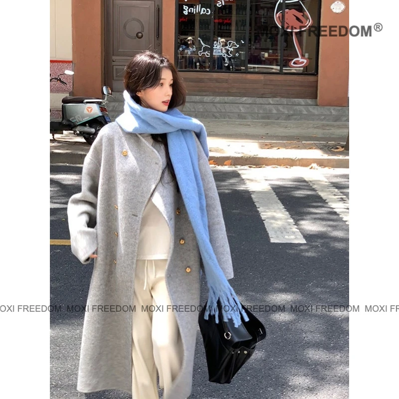 【暮色垂纱】25秋冬季新款双排扣长毛过膝款双面羊毛呢子大衣女