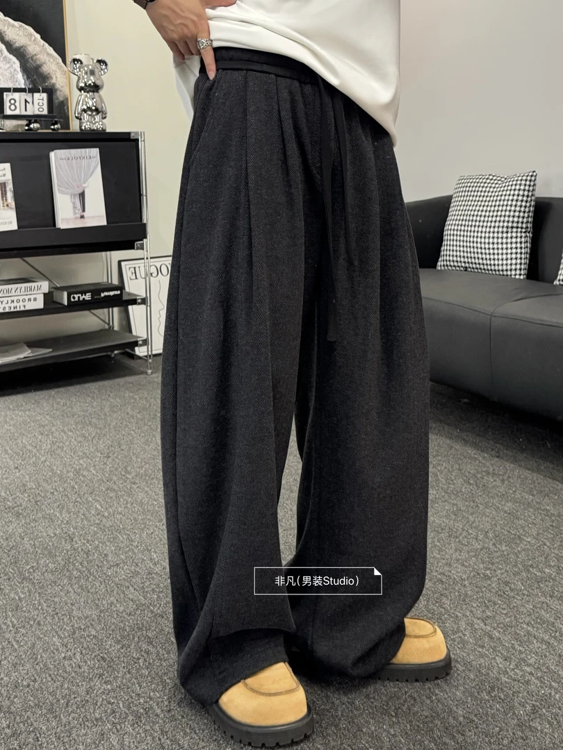 非凡-秋季新款复古千鸟纹垂感潮流宽松抽绳百搭弯刀男长裤2596