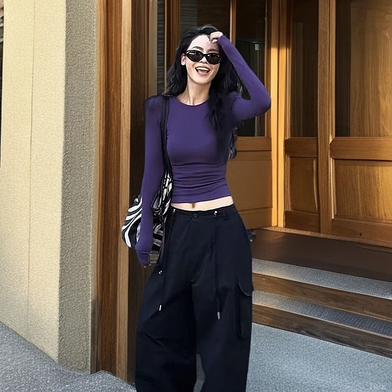 2025新款修身上衣chic正打底衫圆领早春甜辣肩内搭长袖T恤女紫色