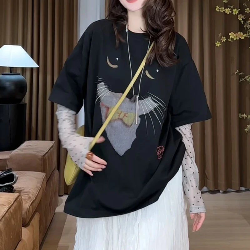 2025春季新款假两件波点蕾丝拼接猫咪长袖T恤女休闲百搭设计感潮