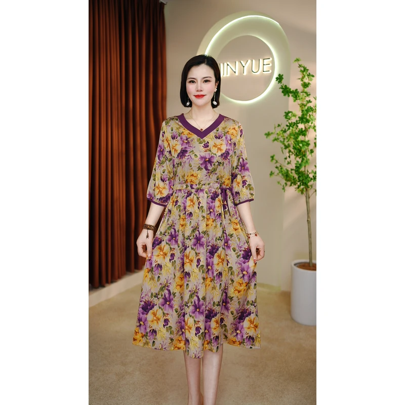 【千姿燕】5771新款V领黄色大花朵时尚百搭气质收腰显瘦女装连衣裙