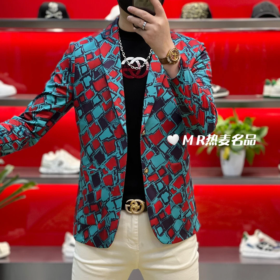 【热麦甄选】2025秋冬新款西装格纹拼色个性款 男士修身微弹力外套