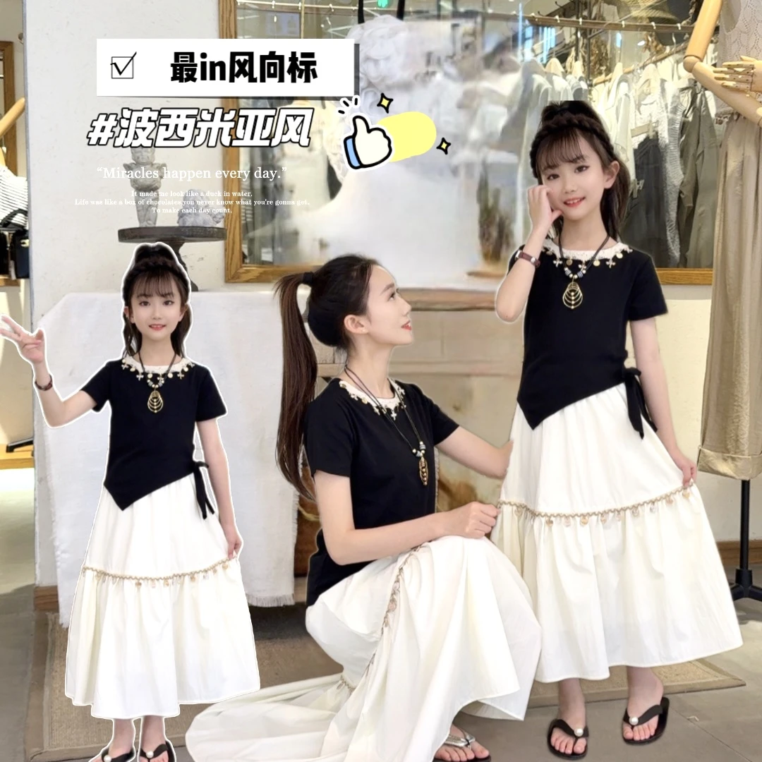 2025新款夏季女童时尚连衣裙短袖上衣配白色半身裙甜美爱公主风