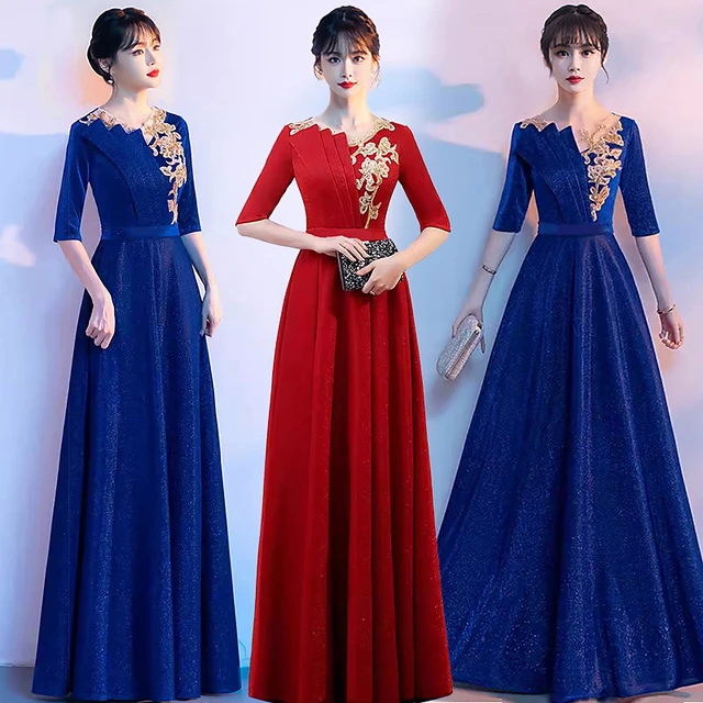 新款大合唱服演出服女长裙成人合唱团服装大红色表演服显瘦礼服裙