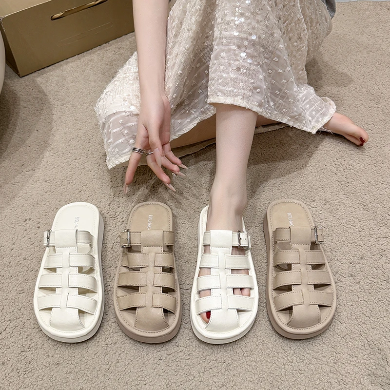 厚底包头半拖鞋女款2025夏新款透气外穿镂空休闲勃肯一脚蹬凉拖鞋