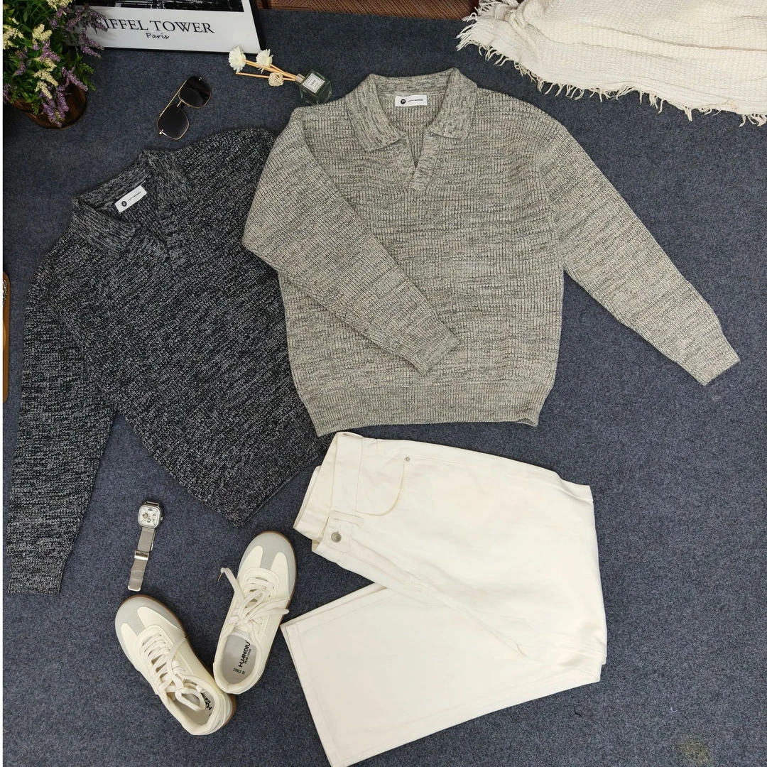 重磅简约混花粗纱线针织衫男复古休闲斑驳纹理海鸥领长袖T恤毛衣