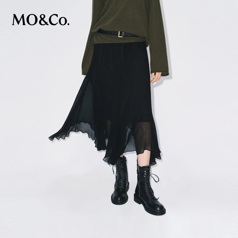 MOCO半身裙2025冬新品顺纡绉肌理雪纺高腰波浪裙摆黑色MBE4SKT023