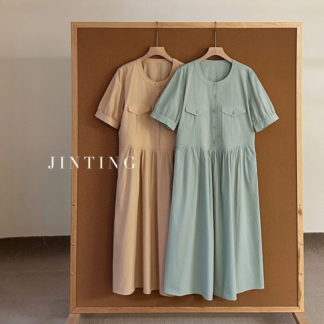 今婷法式复古夏季气质圆领工装口袋收腰短袖衬衫连衣裙-M25218313
