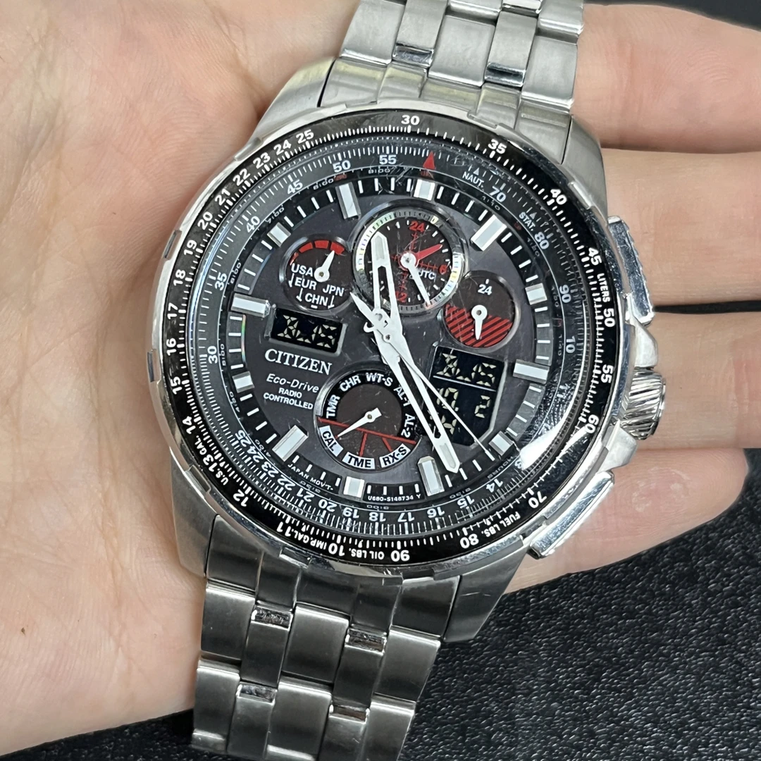 95新 Citizen/西铁城 空中之鹰jy8050-51e光动能电波表自动对时