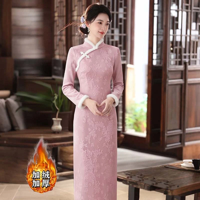 【加绒加厚】紫色新中式改良旗袍女秋冬装元旦圣诞连衣裙D4302
