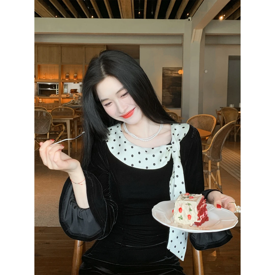 凌茜恣禾【慕夜】法式黑丝绒拼接波点系带长裙气质显瘦喇叭袖连衣裙