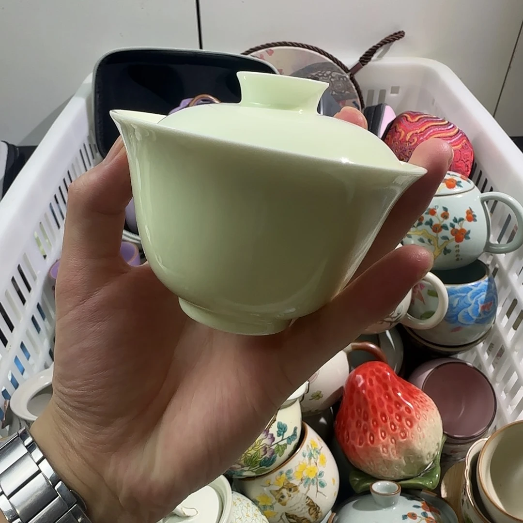 羊脂玉二才盖碗宝石黄