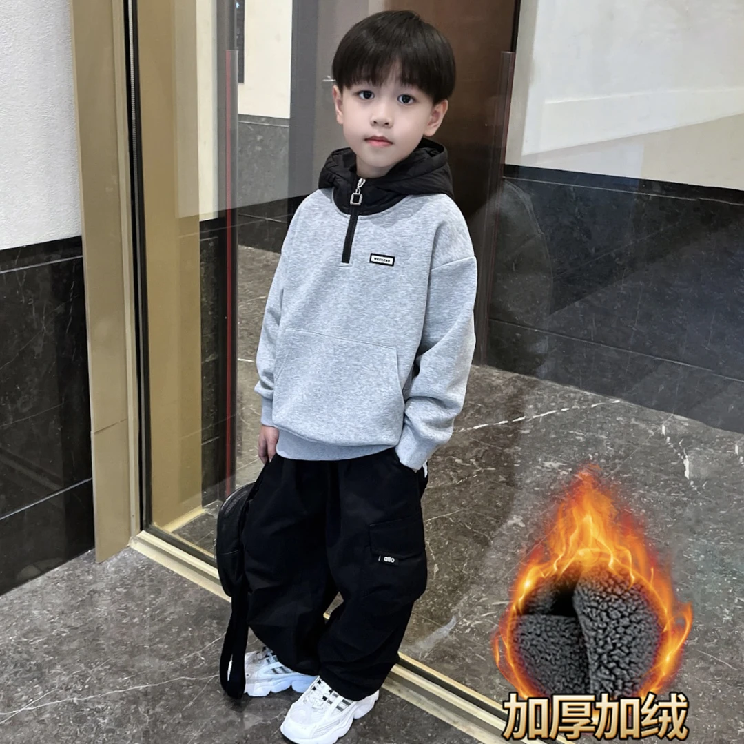 男童冬季连帽加绒卫衣2025新款中大童冬季休闲百搭保暖上衣童装潮