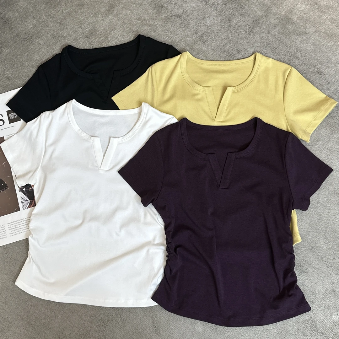 【米可家】剪刀领侧褶皱莱赛尔天丝短袖T恤06213