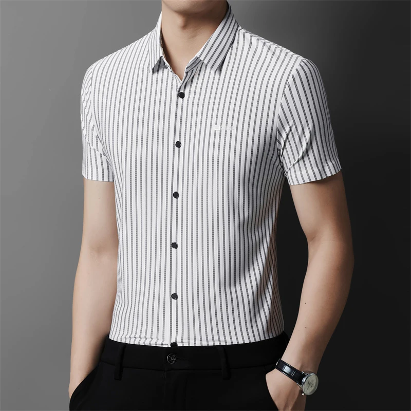 夏季男士短袖衬衫商务休闲时尚潮流修身条纹轻奢男衬衣