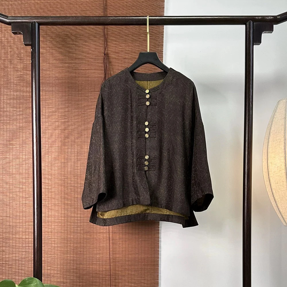 百分百桑蚕丝金龟龟裂纹香云纱九扣开衫外套JX8953