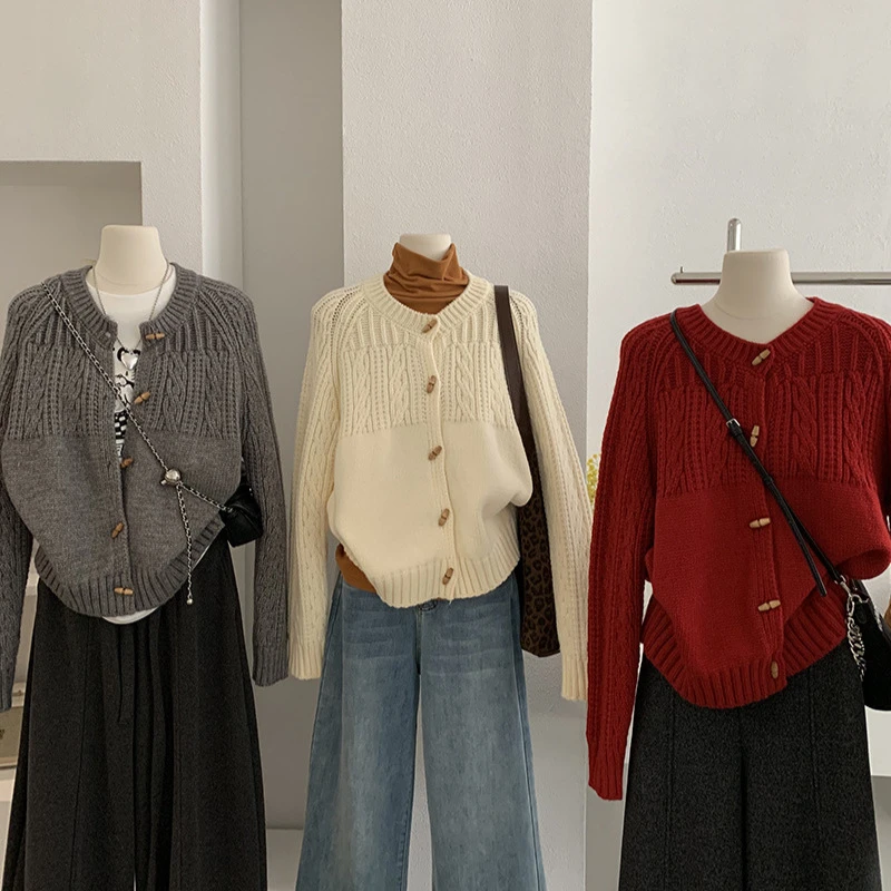 欧玛莱牛角扣小麻花加厚开衫秋冬季新款韩版休闲针织上衣女5876
