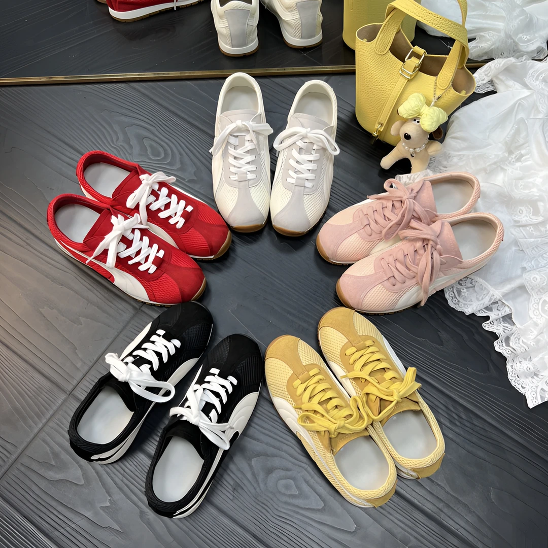 网面德训女鞋夏季透气网鞋薄款厚底复古真皮阿甘鞋红色百搭赛车鞋