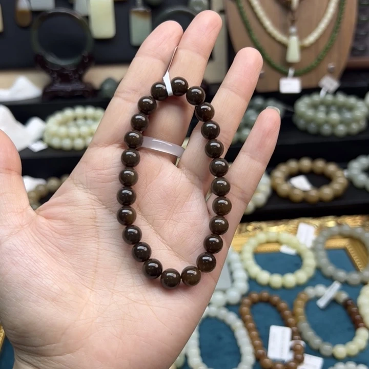 手链未镶嵌和田玉卡8圆珠深糖