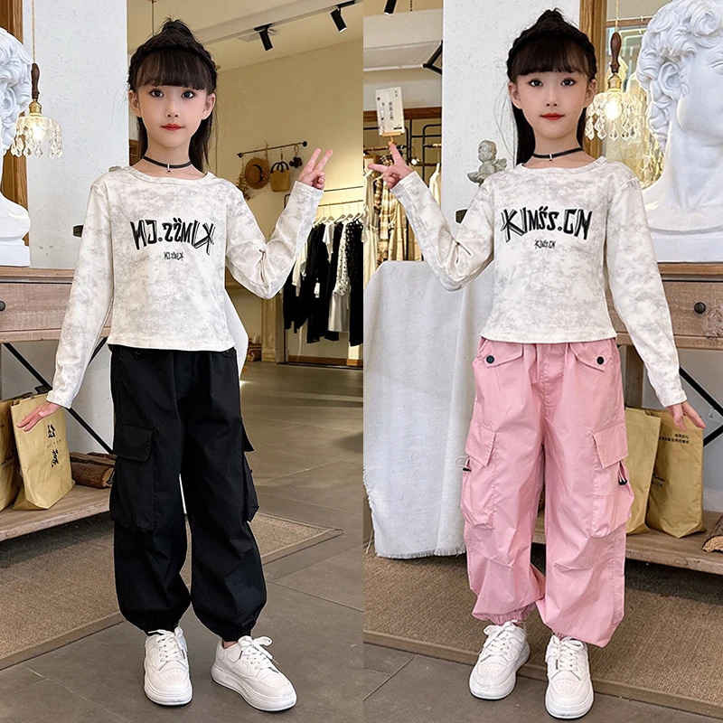 女童打底衫春装套装2025儿童长袖T恤童装中大童短款上衣工装裤潮