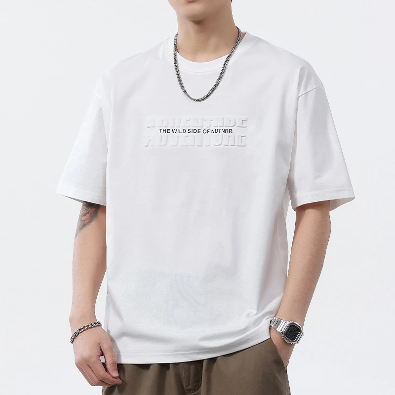 夏季薄款宽松圆领休闲内搭上衣美式钢印半袖t恤男士潮流运动短袖