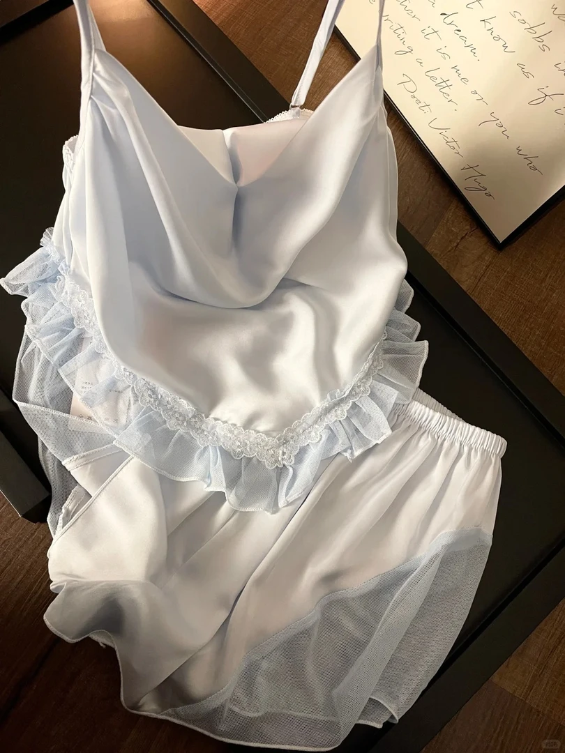 【纯欲蕾丝边】纯色高级感少女冰丝吊带睡衣女夏季新款套装家居服女