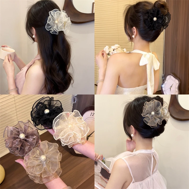 熹金甜美网纱花苞中号抓夹女气质欧根纱半扎发夹盘发鲨鱼夹马尾夹