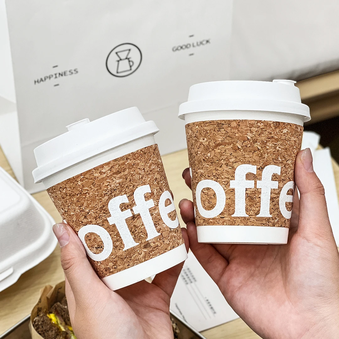 一次性杯子咖啡杯带盖330ml软木热饮纸杯木纹商用批发定制logo