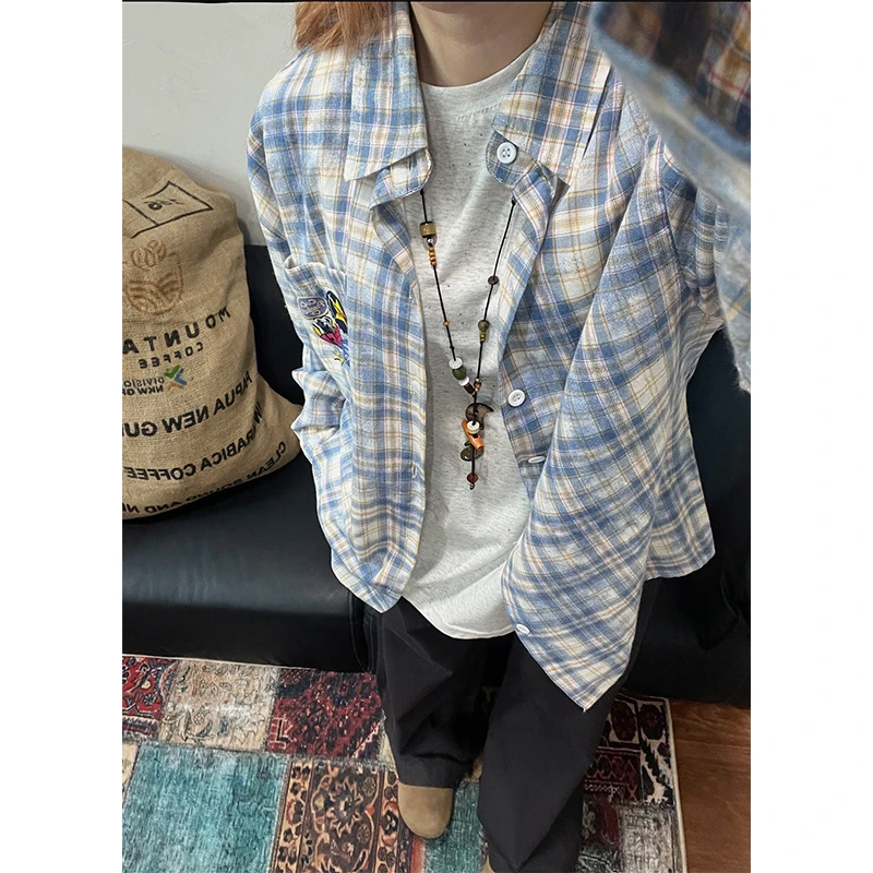 美式重磅扎染格子徽章印花衬衫男女春秋慵懒风格纹衬衣设计感寸衫