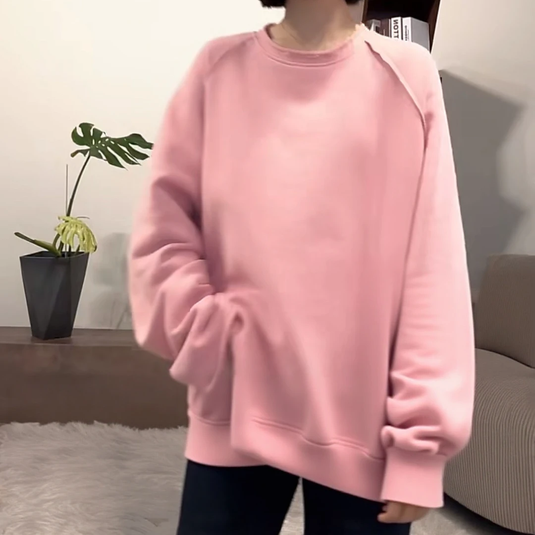 糖果色纯色加绒圆领长袖卫衣女2025新款秋冬时尚百搭休闲宽松上衣