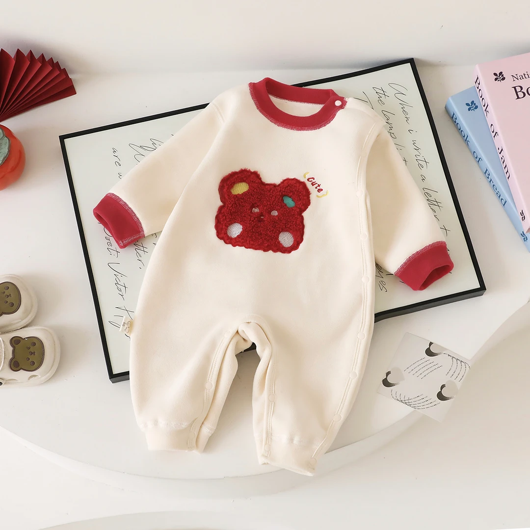 婴儿奥粒绒早春偏开连体冬季宝宝加绒保暖爬服哈衣新生儿外出服