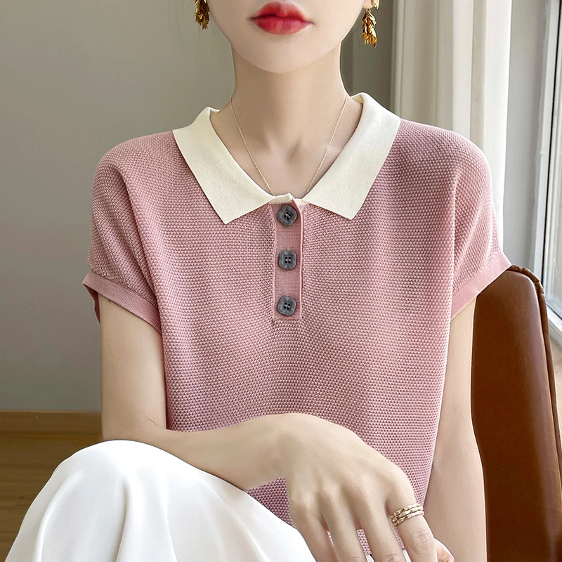 品牌夏季新款莱赛尔天丝撞色针织衫polo领短袖上衣T恤