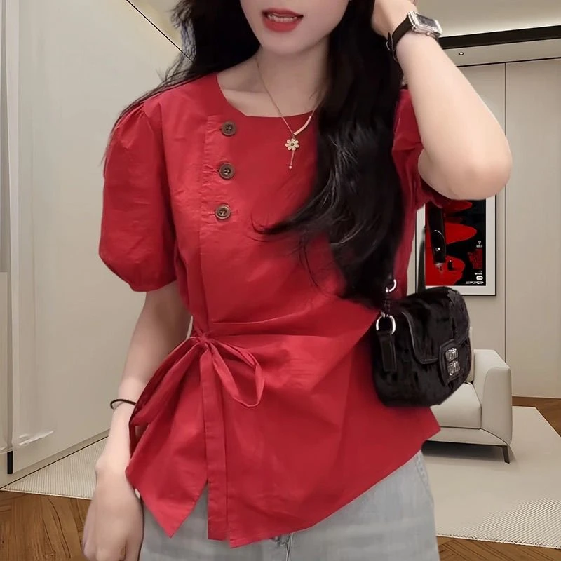 短袖衬衫女夏季新款圆领纽扣系带不规则衬衣时尚气质收腰减龄上衣