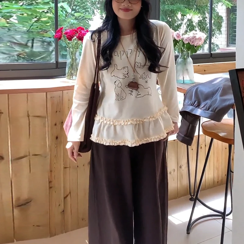 【如如】大码韩系印花长袖t恤2025秋季设计感体恤胖MM显瘦宽松上衣