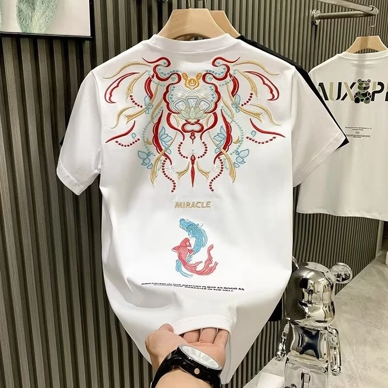 潮牌圆领精梳纯棉夏季新款国风锦鲤刺绣短袖t恤男女同款情侣体恤