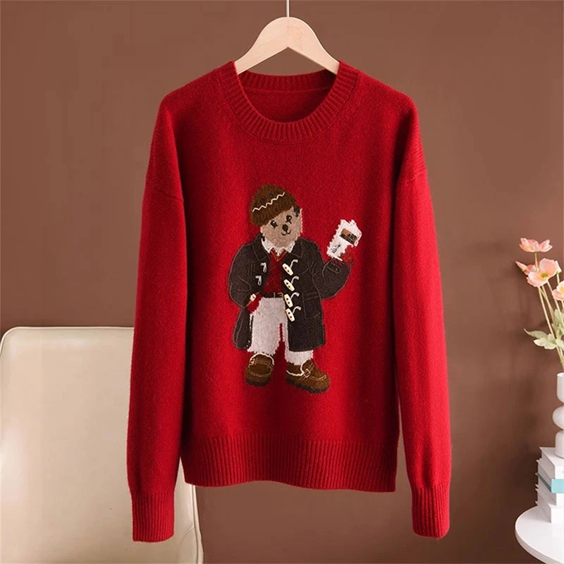 【现货直发】复古卡通提花小熊圆领套头软糯韩系气质宽松显瘦毛衣女