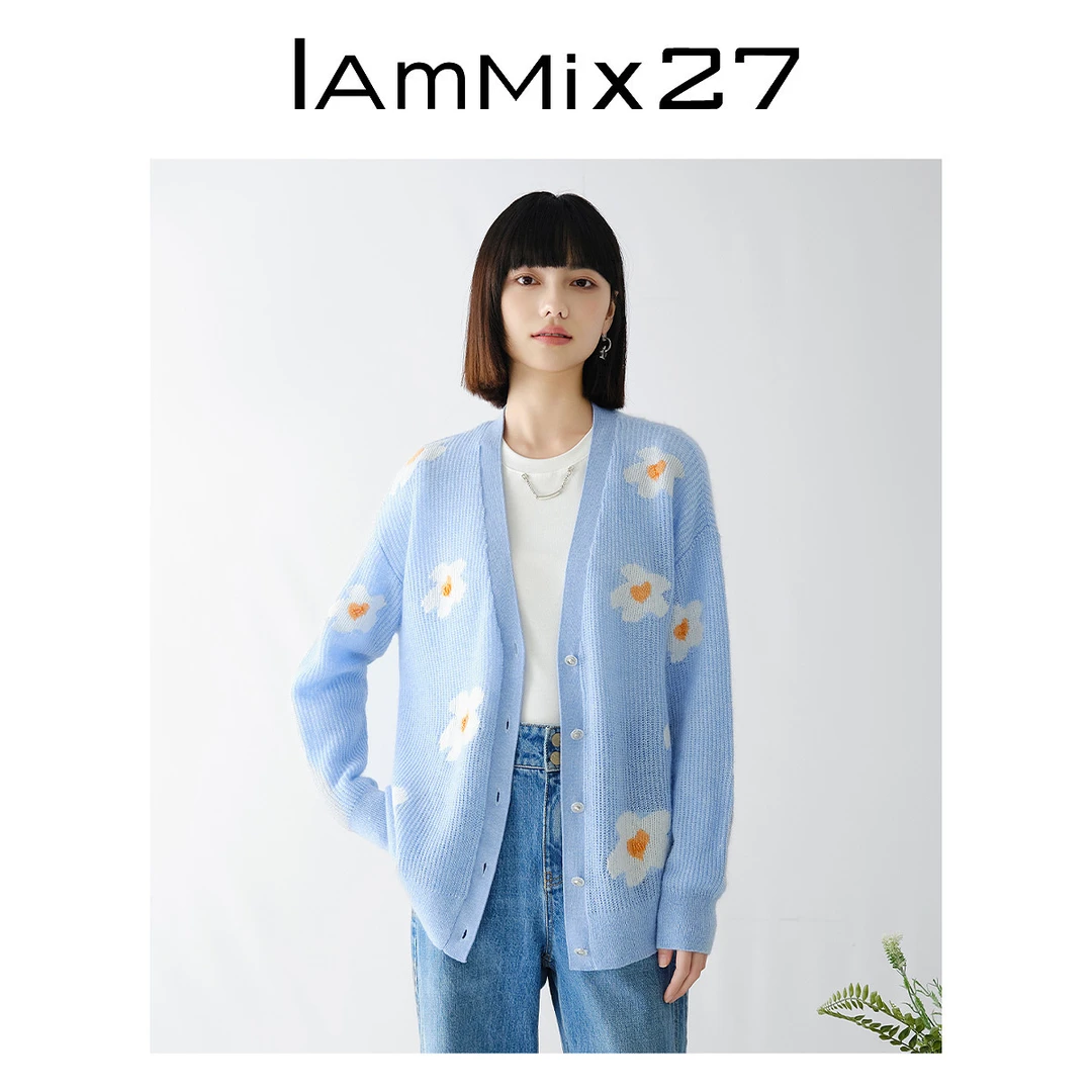 Iamx27V领毛衣开衫女提花休闲毛衫女M4A5081