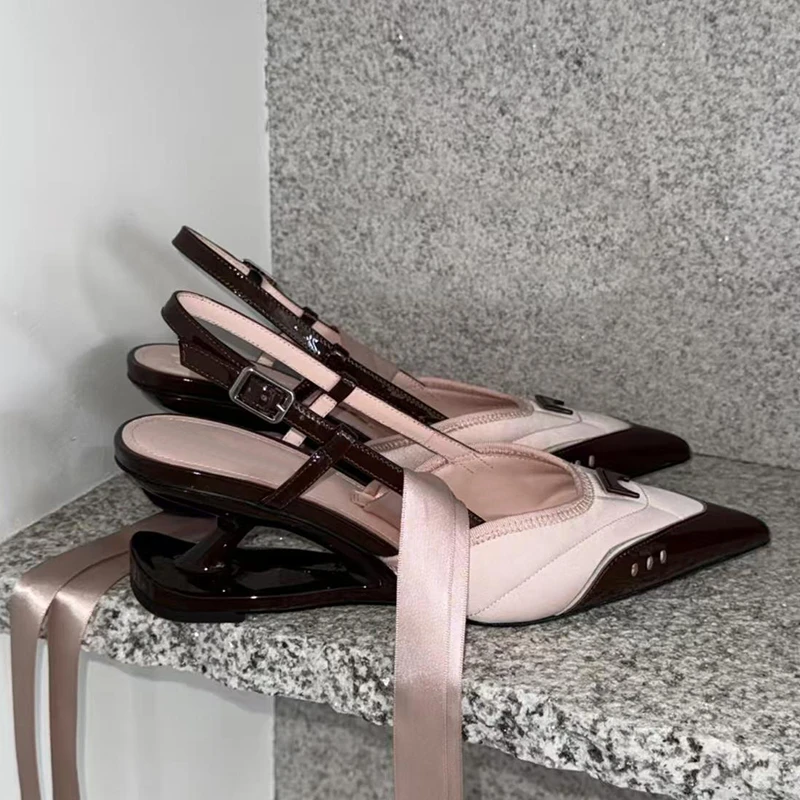 牛皮版~小众设计异型跟芭蕾风绑带高跟鞋女2025新款浅口尖头单鞋