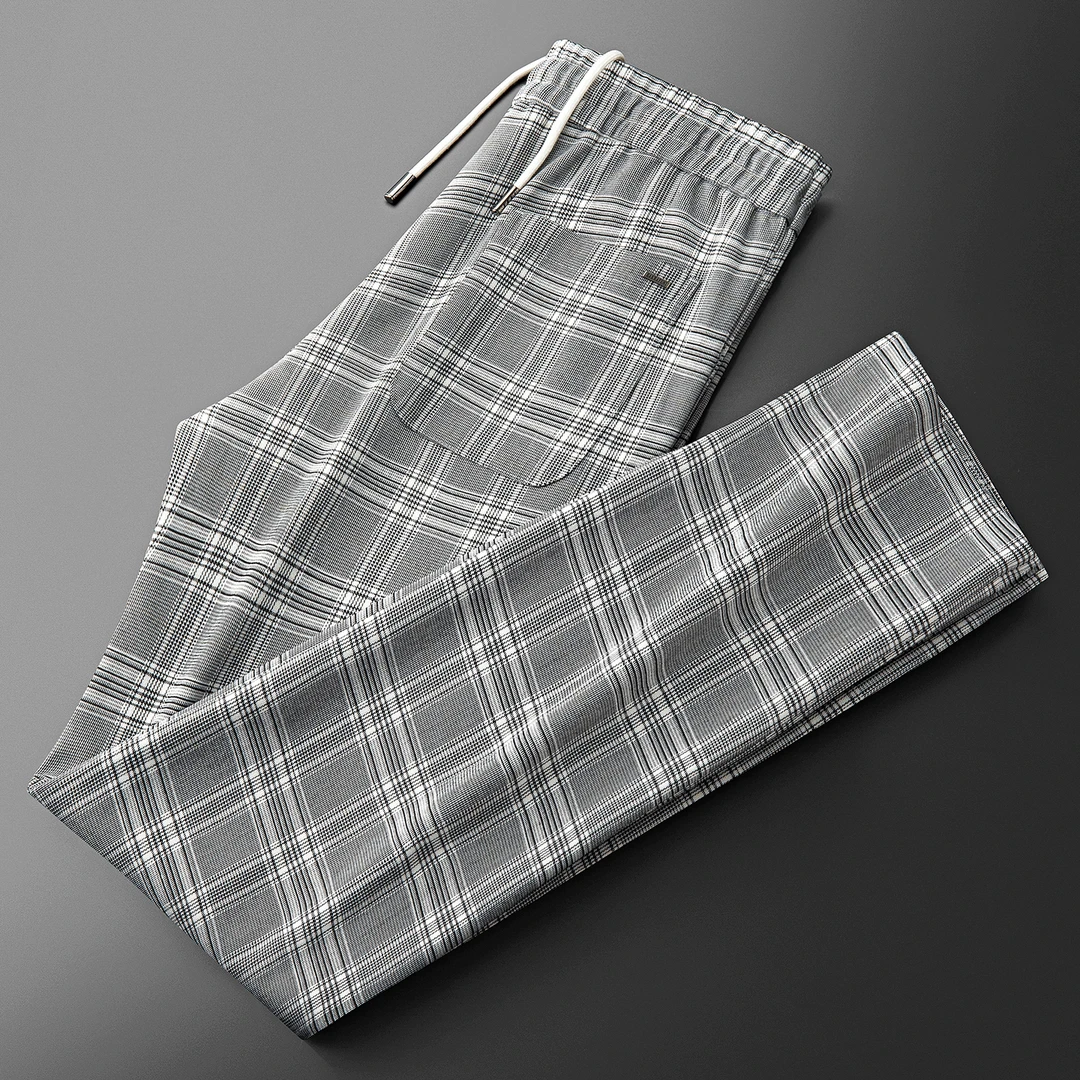 秋冬时尚美式复古英伦风格子纹运动裤男士宽松微阔直筒卫裤休闲裤