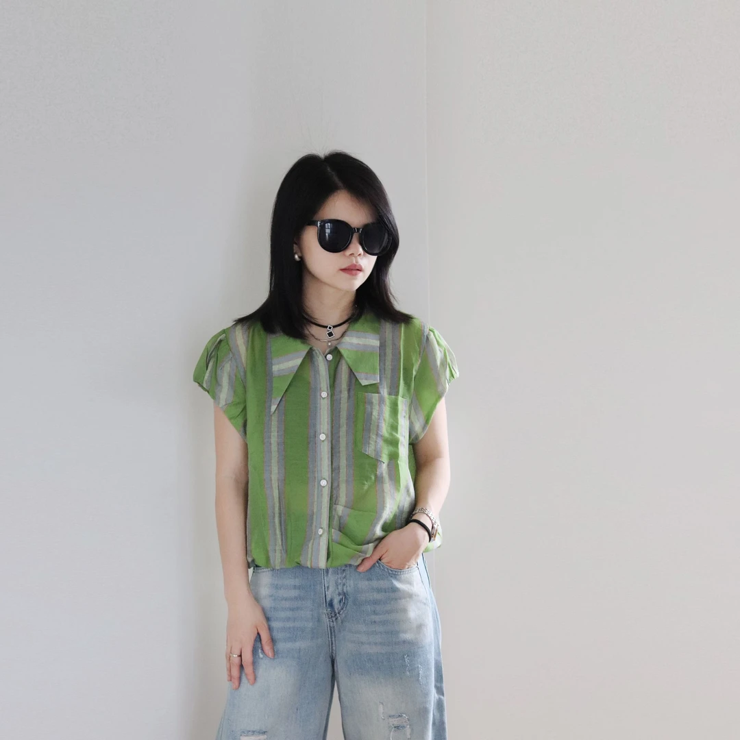 2025夏季新款衬衫气质衬衣时尚休闲绿色复古印花提花设计感女上衣